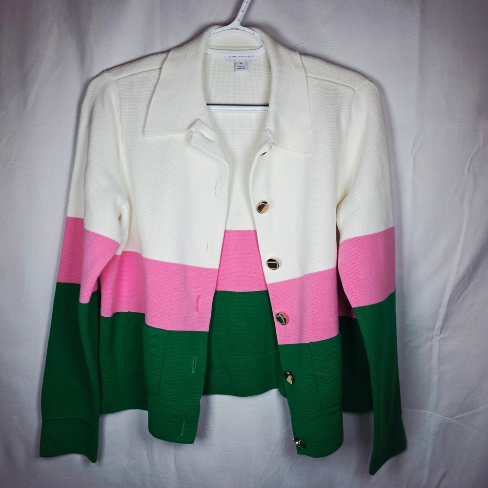 Charter Club Colorblock Button Front Cardigan Womens Medium White Pink Green